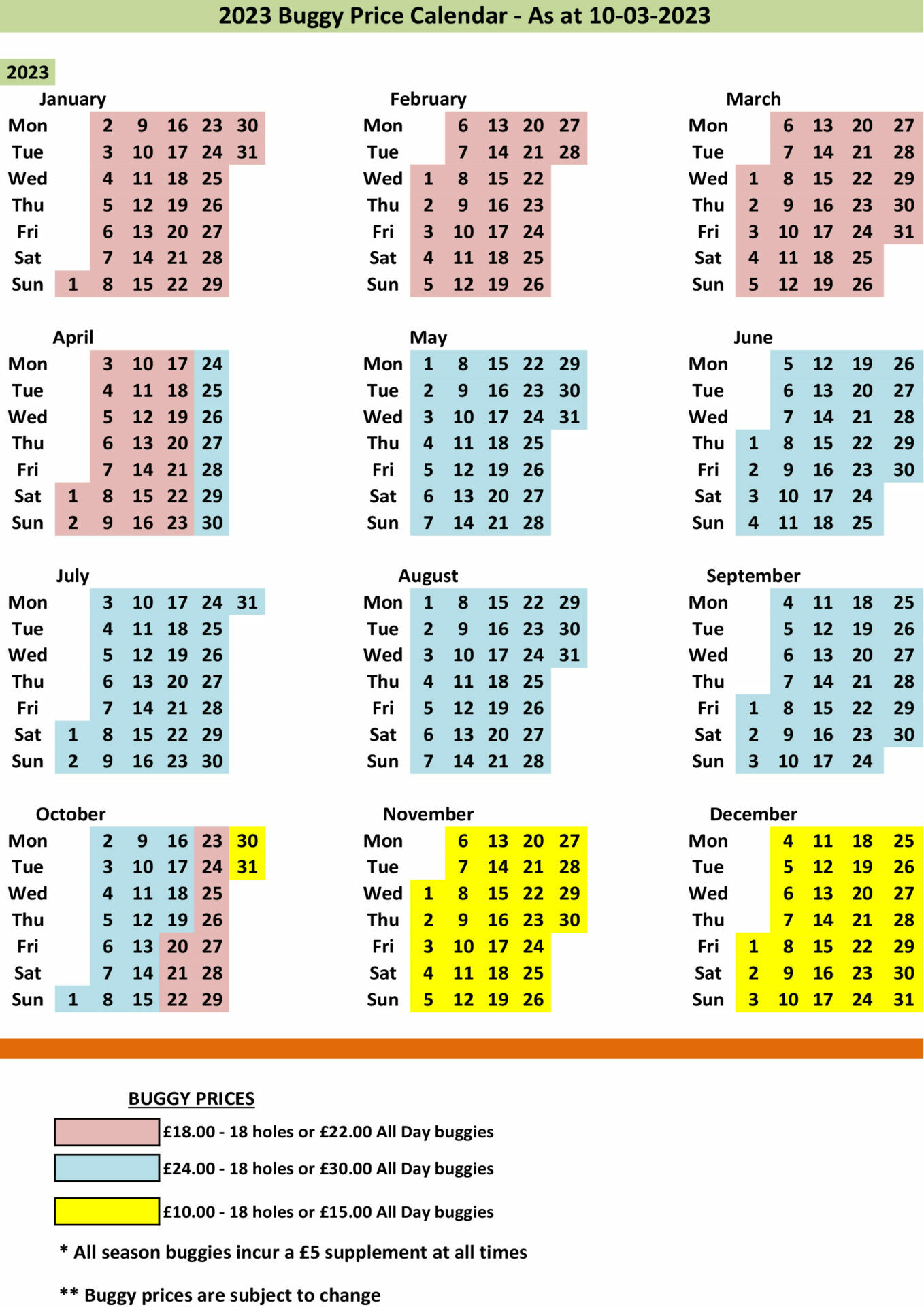 2023 Golf Buggy Calendar as at 10-03-2023