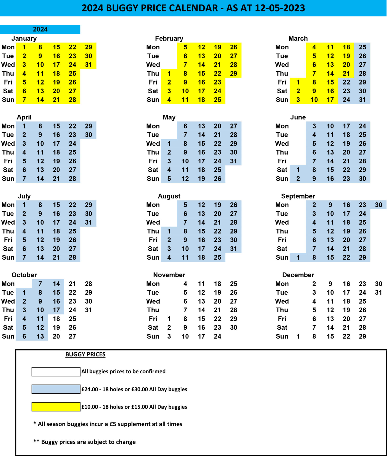 2024 Golf Buggy Calendar as at 12-05-2023